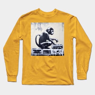 Side view of Banksy monkey playing on vinyl record Long Sleeve T-Shirt